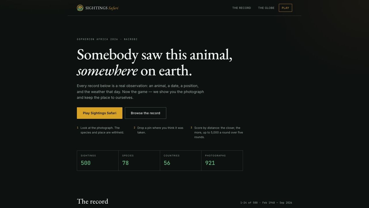 Sightings Safari, built by @cod3smith